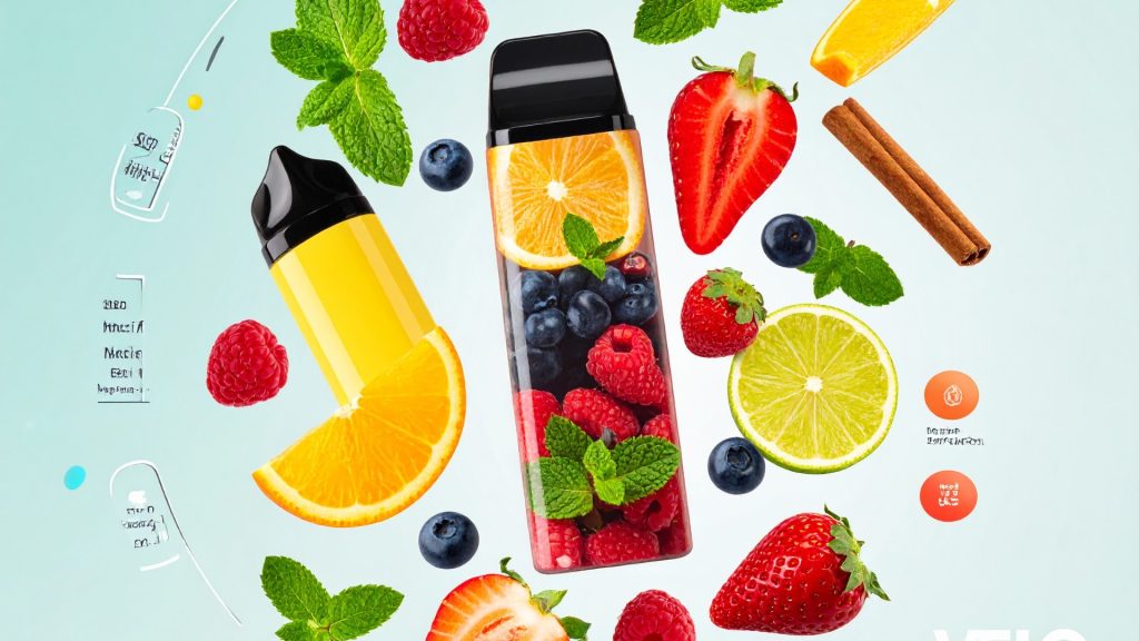 A vibrant flat lay image featuring two vape devices (one yellow, one clear with berries and orange slices inside) surrounded by various fresh fruits (strawberries, blueberries, raspberries, lime, orange) and mint leaves on a light blue background.