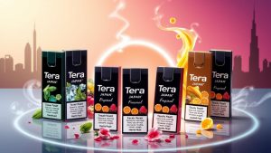 A vibrant display of Terea Japan heated tobacco sticks packaging, featuring multiple boxes with mint, citrus, and berry illustrations, arranged on a reflective surface against a city skyline with a sunset backdrop and wisps of smoke/vapor.