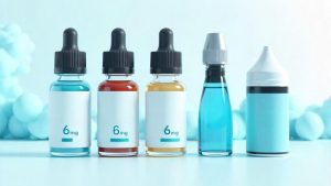 Five e-liquid bottles, three small dropper bottles labeled "6mg" with blue, red, and amber liquids, and two larger bottles with blue liquid, on a light blue background with blurred spherical shapes.