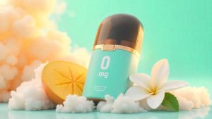 A turquoise vape device labeled "0 mg" surrounded by fluffy white clouds, a sliced lemon, and a white plumeria flower, against a light blue and yellow background.
