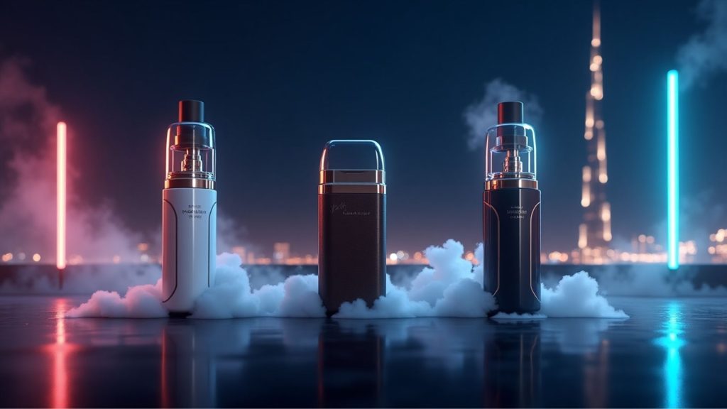Three electronic cigarettes standing upright among vapor clouds, with a city skyline and neon lights in the background.