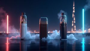 Three electronic cigarettes standing upright among vapor clouds, with a city skyline and neon lights in the background.
